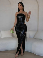 2 Piece Set Party Club Outfits Hipster Solid Strapless Bodysuits Shirring Bandage Irregular Skirts