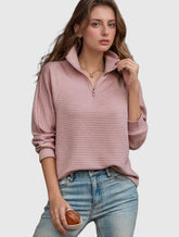 Women's Pullover Sweater - Knit Ribbed Texture - Half-Zip Stand Collar - Relaxed Fit