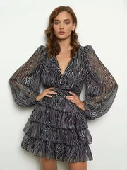 Elegant V-Neck High Waist Pleated Loose Print Long Sleeve Mini Dresses
