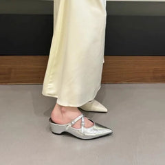 Elegant Leather Sandals Pointy Toe Cross Strap Design Slide Sandals Luxury Party Dress Heel