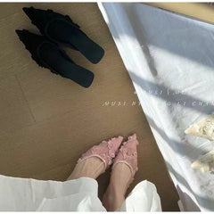 Embroidery Woman's Cotton Fabric Mules Slippers Luxury Elegant Pointed Toe Slides Shoes