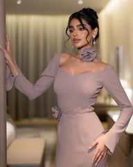 Customized Intricate Elegant Applique Flower Pleat Off-shoulder Full Sleeve Dresses