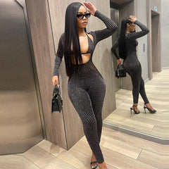 Trendy Mesh Patchwork Overalls for Cut Out Skinny Jumpsuit With Underwear Bra