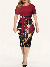 Luxury wrap Color block Chain Print Short Sleeve Round Neck Slight Mini Dress