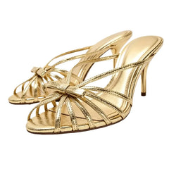 Bow Detail Cage-style Mule Sandals High-quality Metallic-effect Gold Heel