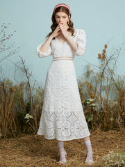 Crochet Lace Hollow Open Back Tie V-neck Puff Sleeve Dress