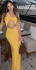 Elegant Sleeveless Hollow Out Diagonal collar Night Club Evening Party Long Maxi Dress