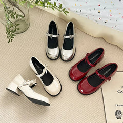 Burgundy Patent Leather Mary Jane Pumps - Vintage-Inspired Double Gold Buckle Low Block Heel