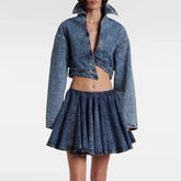 Stand Up Collar Long Sleeve Coat High Waist Mini Skirt Sets