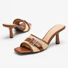 Mixed Color Weave Slippers Square Toe High Heel