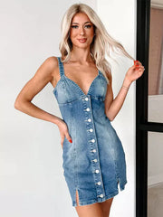 Casual With Deep V-Neck And Front Buttons Denim Mini Dress
