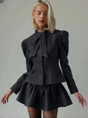 Elegant Long Sleeve Shirt With High Waist Mini Skirt Two Pieces Set