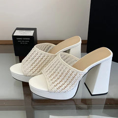 Street Style Open Toe Chunky Platform Slippers Hollow Out Square High Heel