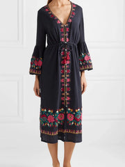 Embroidered Drawstring Tassel V Neck Bell Sleeves Dress