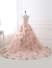 Pink Prom Dresses 2019 Long Floral Print Organza Pageant Dress Backless Chapel Train Party