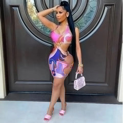 Hollow Out Backless Bandage Printed Bodycon Dress