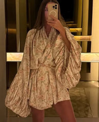 Classic Loose Print Casual V-Neck Long Sleeve Elegant Pleated Mini Dresses