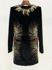 Elegant Diamonds Beaded Designer Long Sleeve Stunning Sequined Mini Dress