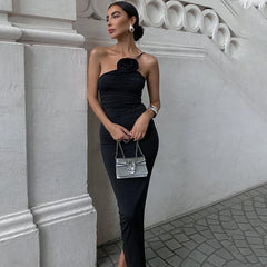 Elegant Solid Sleeveless Aesthetic Oblique Strap Backless Prom Dresses