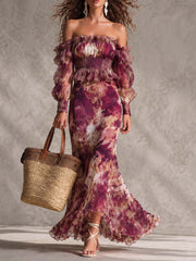 Women's Rose Pink Floral Off-Shoulder Chiffon Maxi Dress