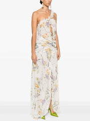 One Shoulder Hollow Out Printed Sleeveless Backless Flower Ruffles Split Slim Dresses