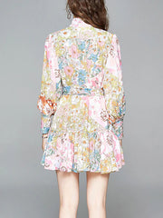 Skater Printed High Collar Lace Up Floral Print Casual Long Sleeves Polyester Fit And Flare Dress