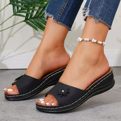 Retro Flower Decor Wedge Slippers Thick Bottom Platform Sandals Anti Slip Beach Shoes