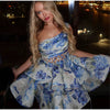 Elegant Single Shoulder Hollow Out Pleated Printed Sleeveless Short Mini Dress