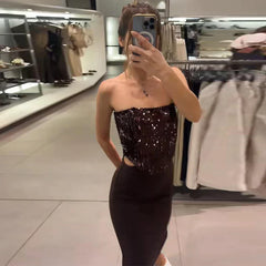 Chic Slash Neck Sleeveless Hollow Out Waist Solid Pullover Strapless Maxi Dresses
