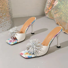 CRYSTAL Diamond Square Toe Slippers Printing Thin High Heel