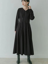Maxi Dress V-Neck Long Sleeves Cotton Casual Pleated Dress