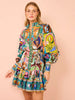 Casual Single Breasted Printed Round Neck Strap Pleated Ruffle Mini Dress