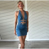 Luxury Hollow Out Halter Cowboy Robe Sleeveless Denim Mini Dress