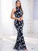 Elegant Stretch High Neck Floral Sequined Sleeveless Long Party Evening Maxi Dress