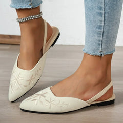 Women's Pointed Toe Slingback Sandals Floral Embroidery Low Kitten Heel