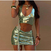 Casual Sequin Deep V-neck Sleeveless Ribbon Crop Top Slim Hip Package Mini Skirt Two Piece Set