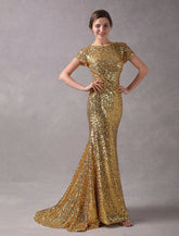 Evening Dresses Light Gold Mermaid Short Sleeve Formal Dress With Train
