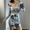 Casual Ruffle Square Collar Printed Medium Stretch Slim Fit Mini Dress