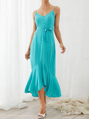 Sleeveless Backless Knotted Breasted Ruffle Hem Strap Dress
