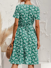 Floral Print Tie V-neck Short Sleeve Dress