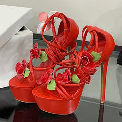 Flower Ankle Cross-strap Platform Sandals Street Style Thin High Heel