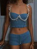Beading Crochet Slim Hollow Out Strapless Tops Drawstring Pants Crop Vest Shorts Sets