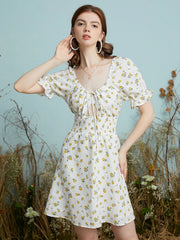 Floral Print Cut Out Shirred Knot Flounce Sleeve Open Back Dress