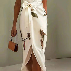 Elegant Tie-up Bow Floral Print Irregular Slim Boho V-Neck Knot Hollow Party Dresses