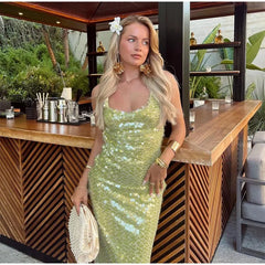 Elegant Pullover Backless Sequins Long Bodycon Maxi Dress
