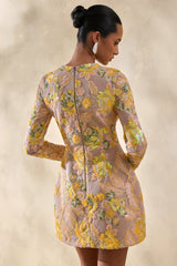 Merdia | Yellow Embellished Floral Crew-Neck Mini Dress