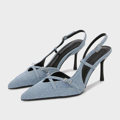 Designer Blue Denim Slingback Buckle Strap Pumps Pointed Toe High Heel