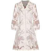 V-Neck Lantern Sleeve Applique Embroidery Dress