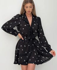 Casual Lapel Long Sleeve Mini Dresses Elegant Classic Lace-Up Pleated Dress