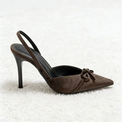 Coffee Velvet Butterfly Knot Decoration Pumps Pointed Toe Slingbacks High Heel